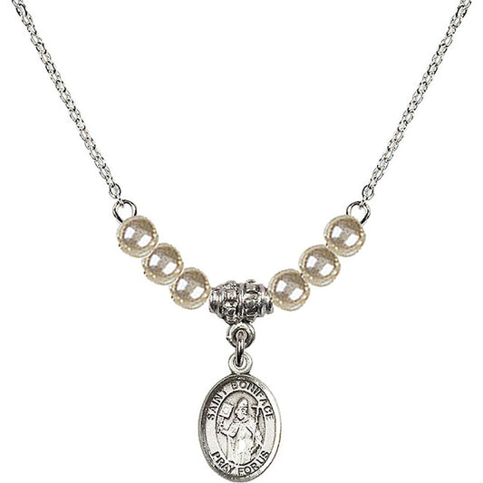 Sterling Silver Saint Boniface Birthstone Necklace with Faux-Pearl Beads - 9009