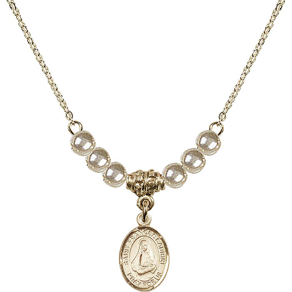 14kt Gold Filled Saint Frances Cabrini Birthstone Necklace with Faux-Pearl Beads - 9011