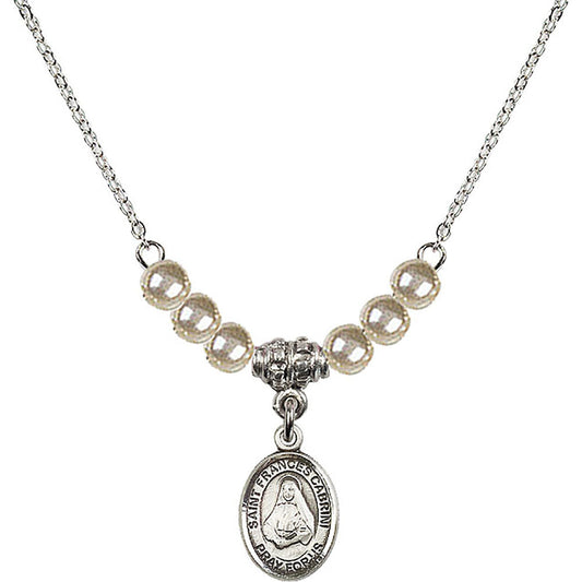 Sterling Silver Saint Frances Cabrini Birthstone Necklace with Faux-Pearl Beads - 9011