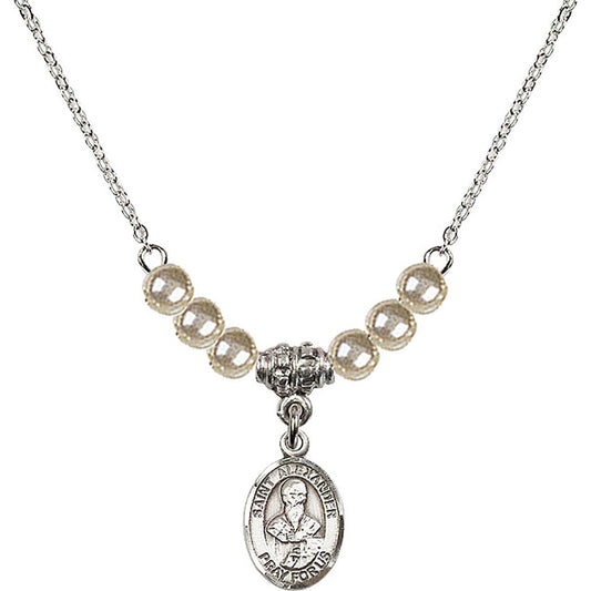 Sterling Silver Saint Alexander Sauli Birthstone Necklace with Faux-Pearl Beads - 9012