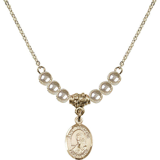 14kt Gold Filled Saint Benjamin Birthstone Necklace with Faux-Pearl Beads - 9013