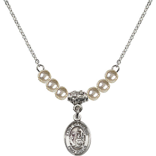 Sterling Silver Saint Catherine of Siena Birthstone Necklace with Faux-Pearl Beads - 9014