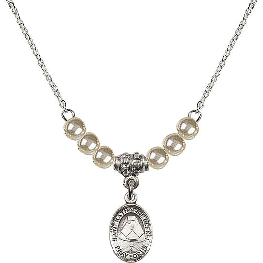 Sterling Silver Saint Katharine Drexel Birthstone Necklace with Faux-Pearl Beads - 9015