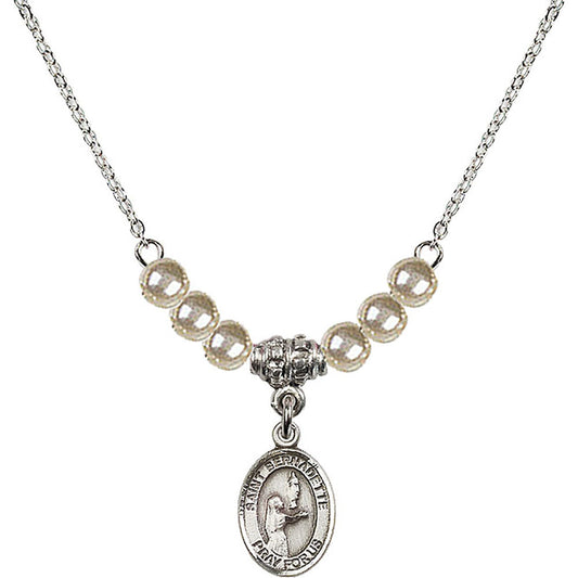 Sterling Silver Saint Bernadette Birthstone Necklace with Faux-Pearl Beads - 9017