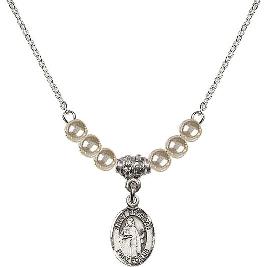 Sterling Silver Saint Brendan the Navigator Birthstone Necklace with Faux-Pearl Beads - 9018