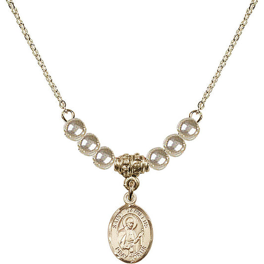 14kt Gold Filled Saint Camillus of Lellis Birthstone Necklace with Faux-Pearl Beads - 9019