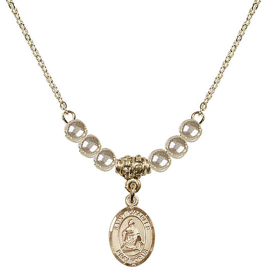 14kt Gold Filled Saint Charles Borromeo Birthstone Necklace with Faux-Pearl Beads - 9020