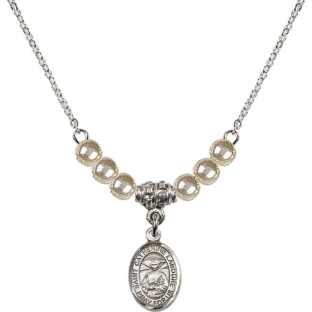 Sterling Silver Saint Catherine Laboure Birthstone Necklace with Faux-Pearl Beads - 9021