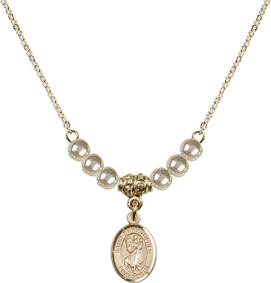 14kt Gold Filled Saint Christopher Birthstone Necklace with Faux-Pearl Beads - 9022