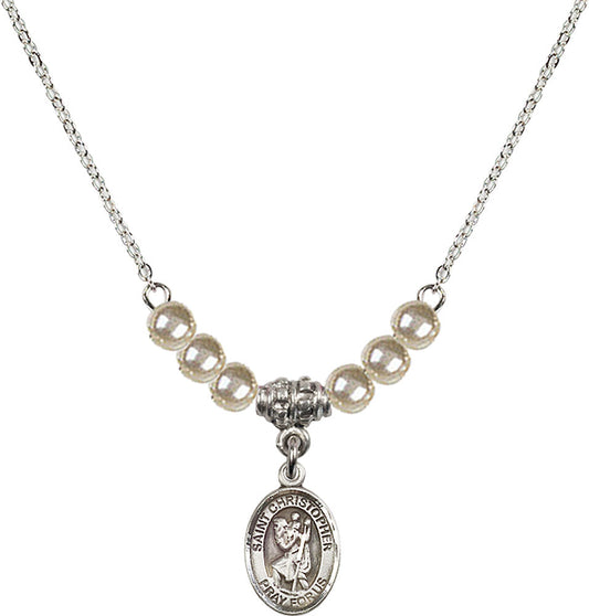 Sterling Silver Saint Christopher Birthstone Necklace with Faux-Pearl Beads - 9022