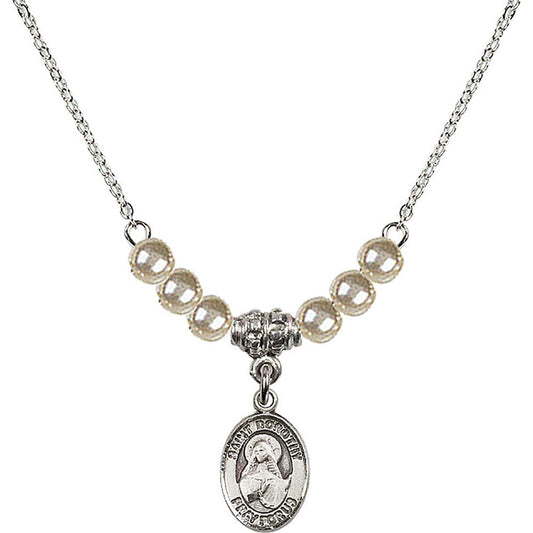 Sterling Silver Saint Dorothy Birthstone Necklace with Faux-Pearl Beads - 9023