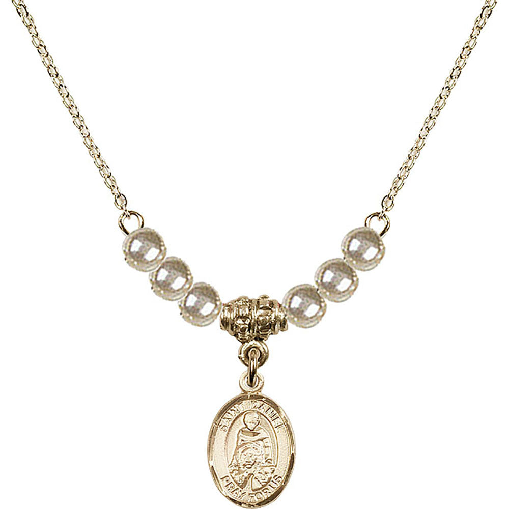 14kt Gold Filled Saint Daniel Birthstone Necklace with Faux-Pearl Beads - 9024