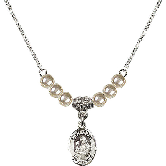 Sterling Silver Saint Clare of Assisi Birthstone Necklace with Faux-Pearl Beads - 9028