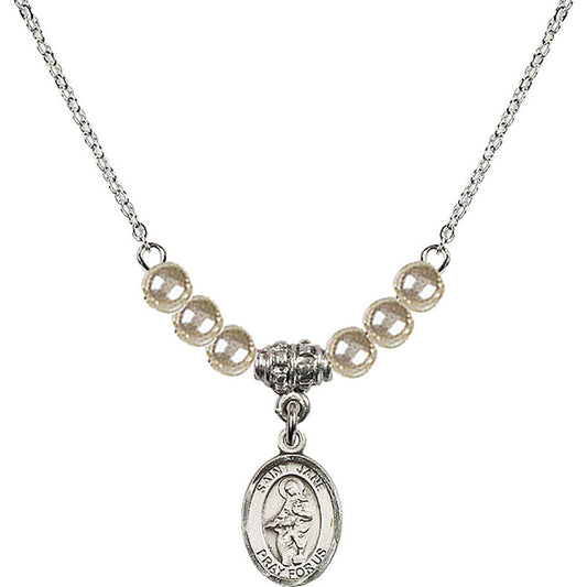Sterling Silver Saint Jane of Valois Birthstone Necklace with Faux-Pearl Beads - 9029