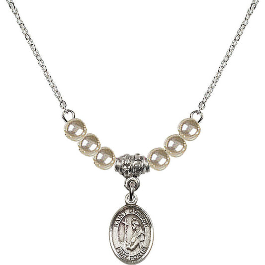 Sterling Silver Saint Dominic de Guzman Birthstone Necklace with Faux-Pearl Beads - 9030