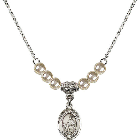 Sterling Silver Saint Dymphna Birthstone Necklace with Faux-Pearl Beads - 9032