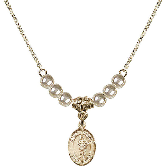 14kt Gold Filled Saint Florian Birthstone Necklace with Faux-Pearl Beads - 9034