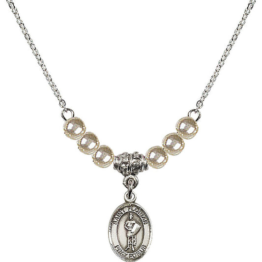 Sterling Silver Saint Florian Birthstone Necklace with Faux-Pearl Beads - 9034