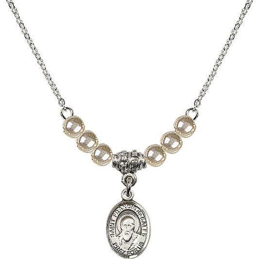 Sterling Silver Saint Francis de Sales Birthstone Necklace with Faux-Pearl Beads - 9035