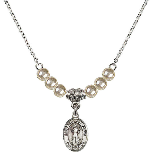 Sterling Silver Saint Francis of Assisi Birthstone Necklace with Faux-Pearl Beads - 9036