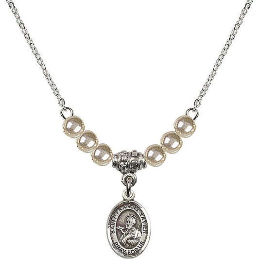 Sterling Silver Saint Francis Xavier Birthstone Necklace with Faux-Pearl Beads - 9037