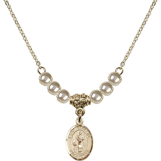 14kt Gold Filled Saint Genesius of Rome Birthstone Necklace with Faux-Pearl Beads - 9038