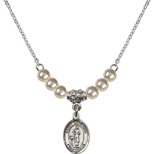 Sterling Silver Saint Genesius of Rome Birthstone Necklace with Faux-Pearl Beads - 9038