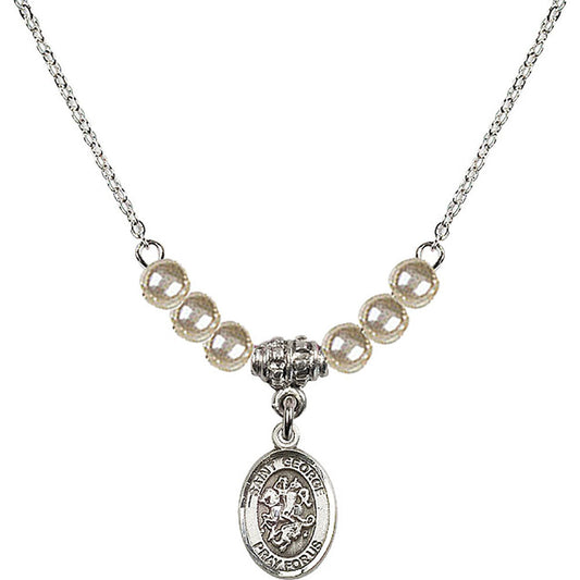 Sterling Silver Saint George Birthstone Necklace with Faux-Pearl Beads - 9040