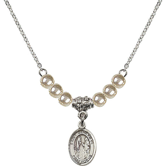 Sterling Silver Saint Genevieve Birthstone Necklace with Faux-Pearl Beads - 9041