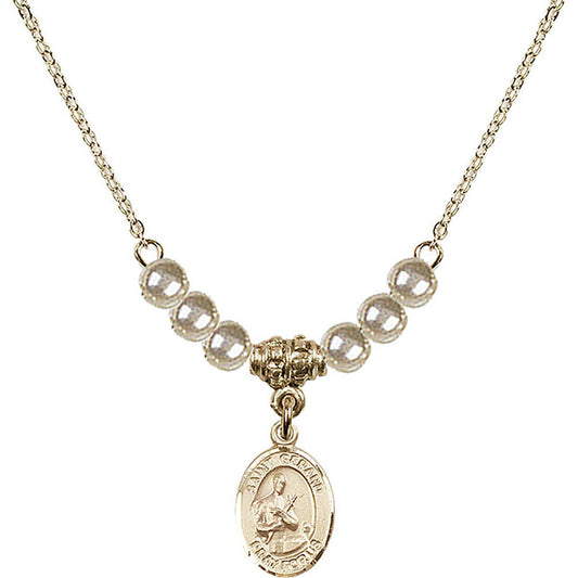 14kt Gold Filled Saint Gerard Majella Birthstone Necklace with Faux-Pearl Beads - 9042