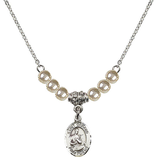 Sterling Silver Saint Gerard Majella Birthstone Necklace with Faux-Pearl Beads - 9042