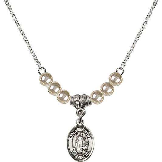 Sterling Silver Saint Hubert of Liege Birthstone Necklace with Faux-Pearl Beads - 9045