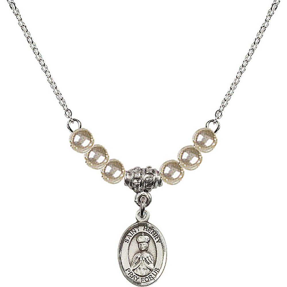 Sterling Silver Saint Henry II Birthstone Necklace with Faux-Pearl Beads - 9046