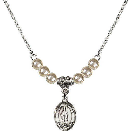 Sterling Silver Saint Gregory the Great Birthstone Necklace with Faux-Pearl Beads - 9048