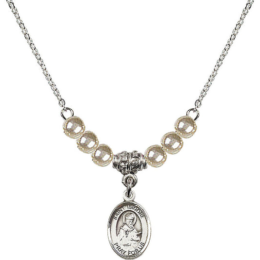 Sterling Silver Saint Isidore of Seville Birthstone Necklace with Faux-Pearl Beads - 9049