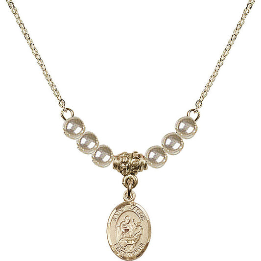 14kt Gold Filled Saint Jason Birthstone Necklace with Faux-Pearl Beads - 9051