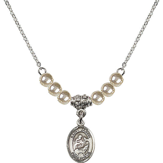 Sterling Silver Saint Jason Birthstone Necklace with Faux-Pearl Beads - 9051