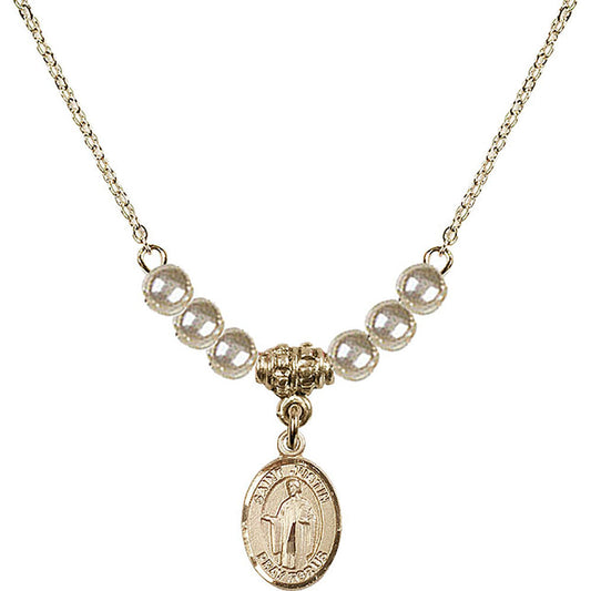14kt Gold Filled Saint Justin Birthstone Necklace with Faux-Pearl Beads - 9052