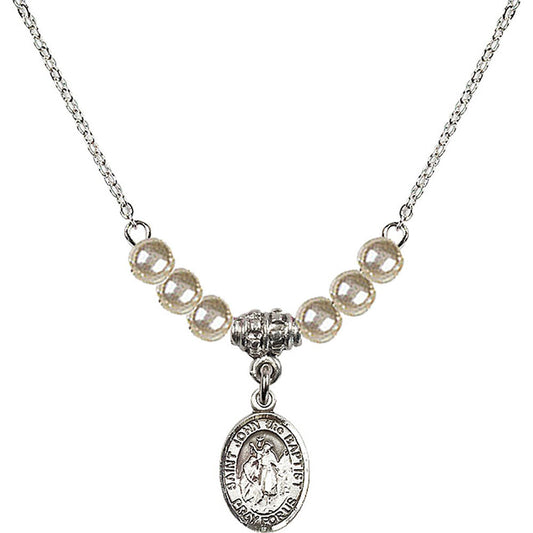Sterling Silver Saint John the Baptist Birthstone Necklace with Faux-Pearl Beads - 9054