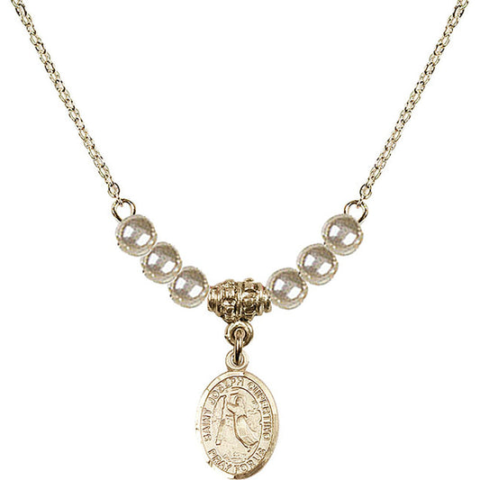 14kt Gold Filled Saint Joseph of Cupertino Birthstone Necklace with Faux-Pearl Beads - 9057