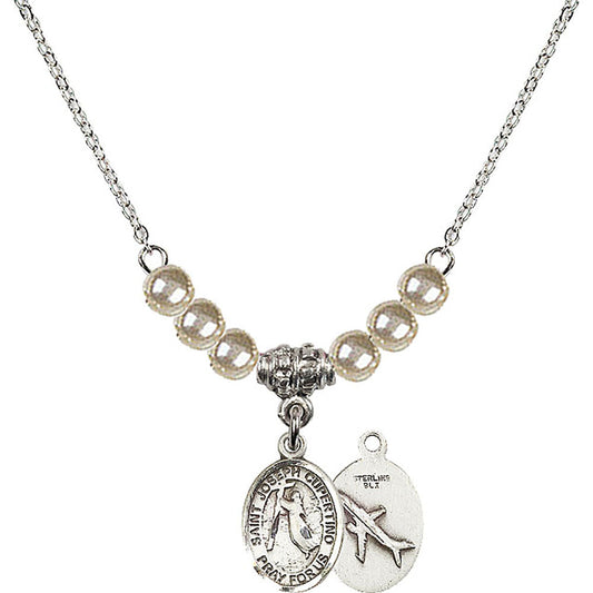 Sterling Silver Saint Joseph of Cupertino Birthstone Necklace with Faux-Pearl Beads - 9057