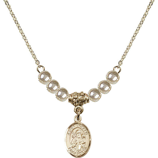 14kt Gold Filled Saint Joseph Birthstone Necklace with Faux-Pearl Beads - 9058