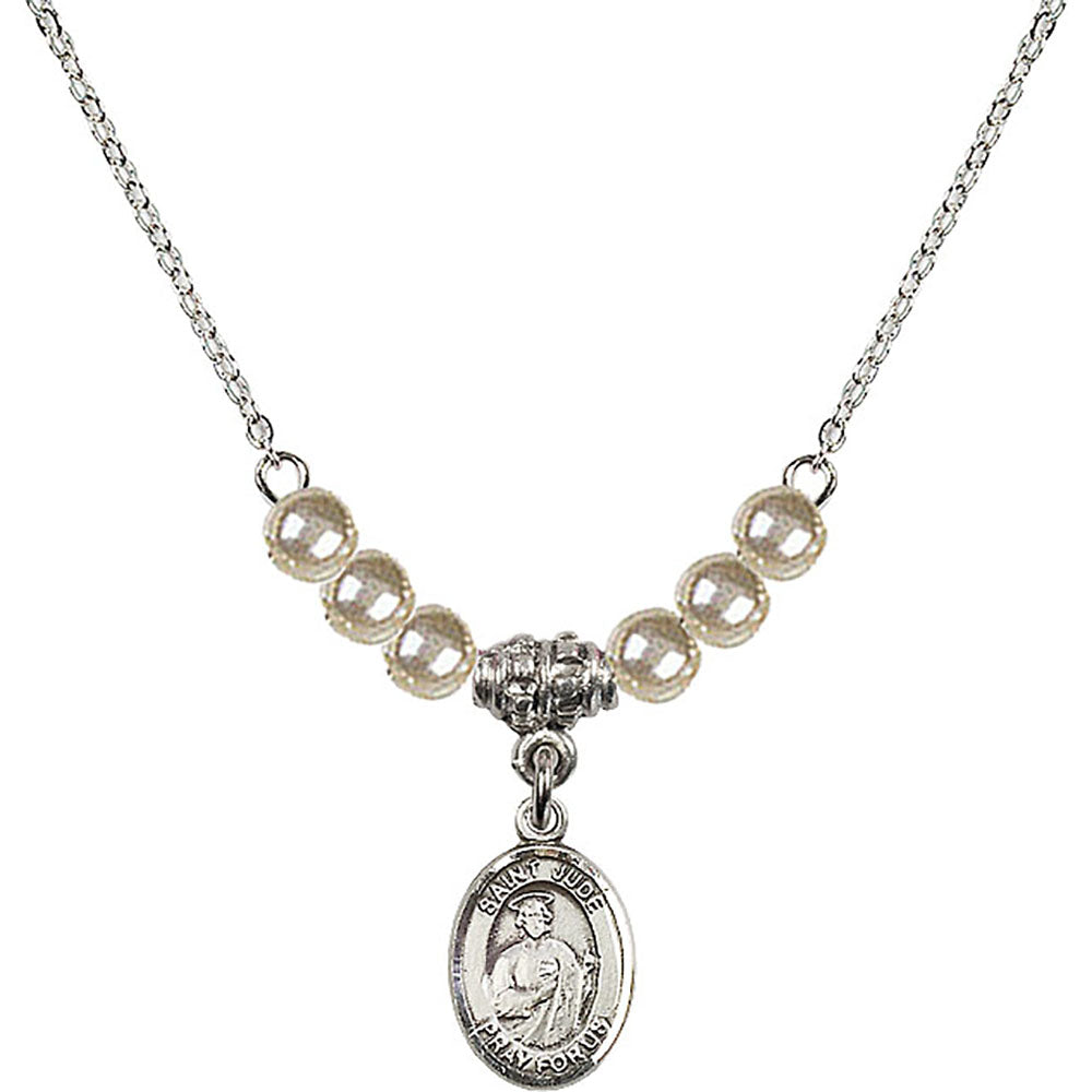 Sterling Silver Saint Jude Thaddeus Birthstone Necklace with Faux-Pearl Beads - 9060
