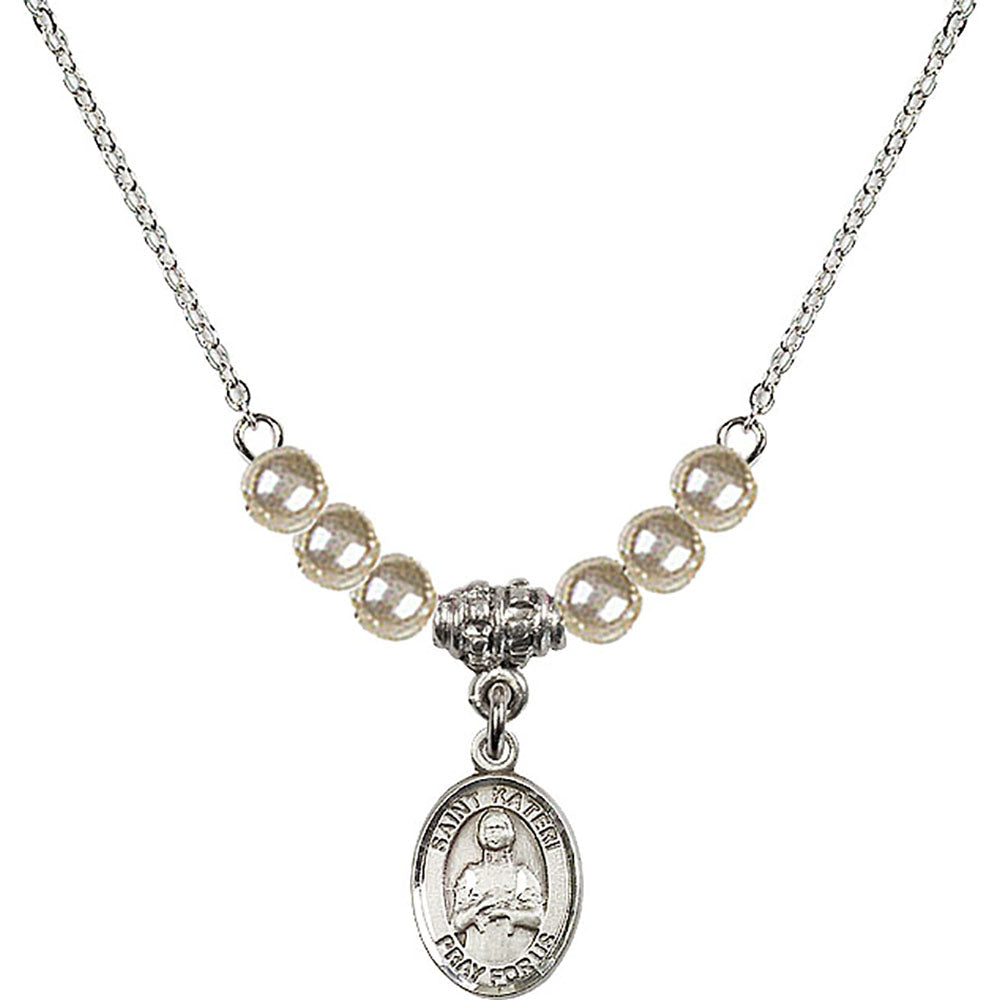 Sterling Silver Saint Kateri Tekakwitha Birthstone Necklace with Faux-Pearl Beads - 9061