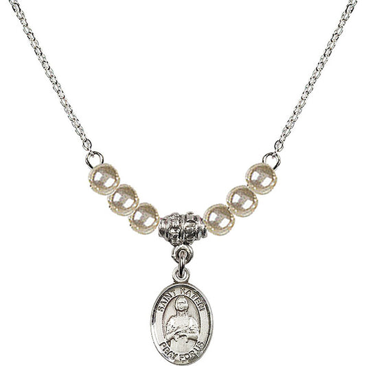 Sterling Silver Saint Kateri Tekakwitha Birthstone Necklace with Faux-Pearl Beads - 9061