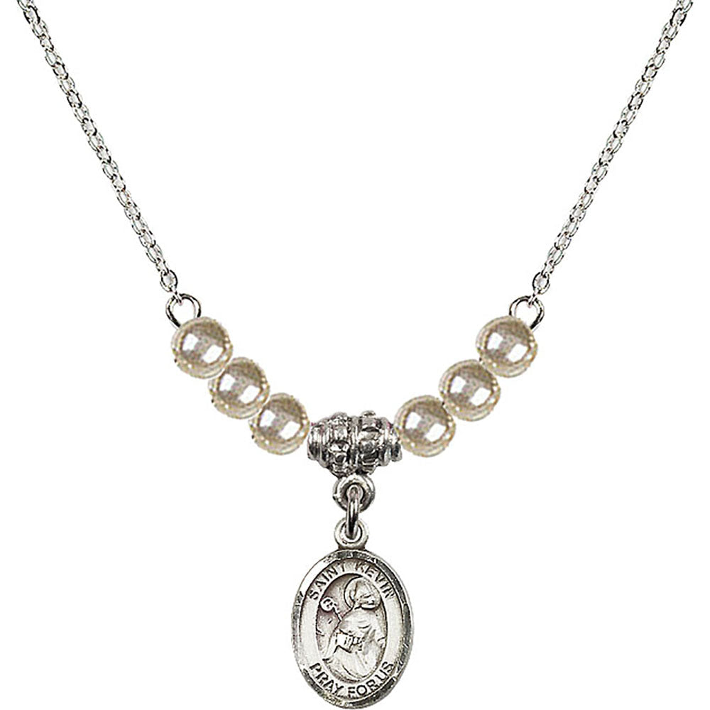 Sterling Silver Saint Kevin Birthstone Necklace with Faux-Pearl Beads - 9062