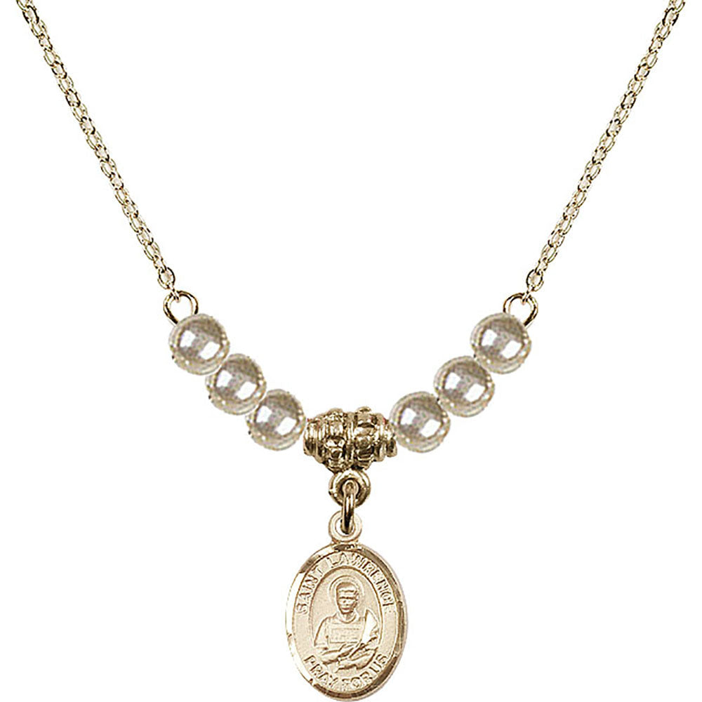 14kt Gold Filled Saint Lawrence Birthstone Necklace with Faux-Pearl Beads - 9063