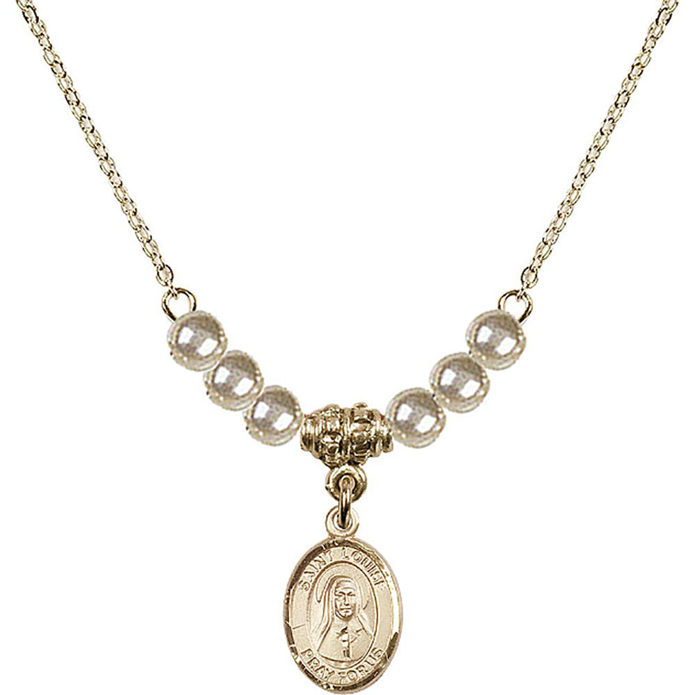 14kt Gold Filled Saint Louise de Marillac Birthstone Necklace with Faux-Pearl Beads - 9064