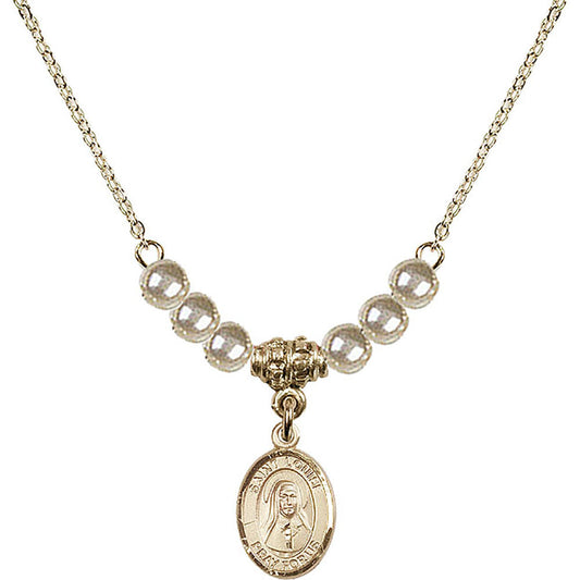 14kt Gold Filled Saint Louise de Marillac Birthstone Necklace with Faux-Pearl Beads - 9064