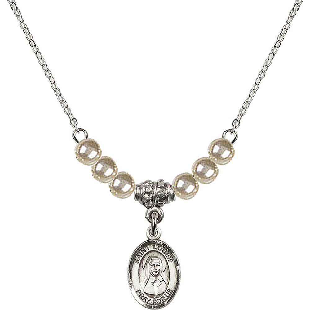 Sterling Silver Saint Louise de Marillac Birthstone Necklace with Faux-Pearl Beads - 9064
